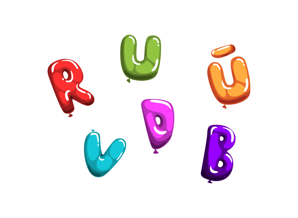 Raidės R, U, Ū, V, D ir B.